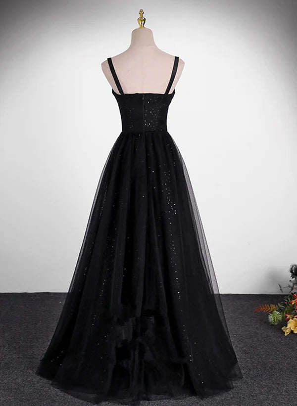 Black A-line Tulle Straps Simple Long Prom Dress